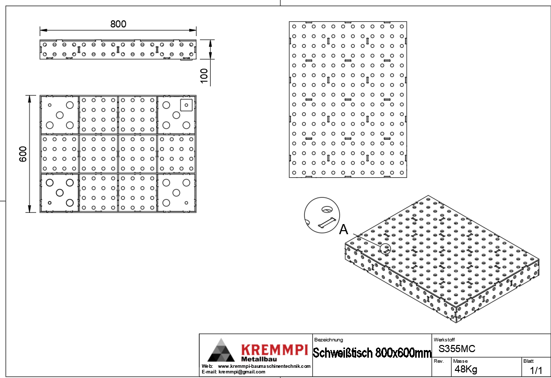 Kremmpi Schweißtisch-Bausatz – 400x600x50 Mm, Lochraster 50x50 Mm, Bohrungen 16 Mm, Aus 6 Mm Starkem Stahl S355